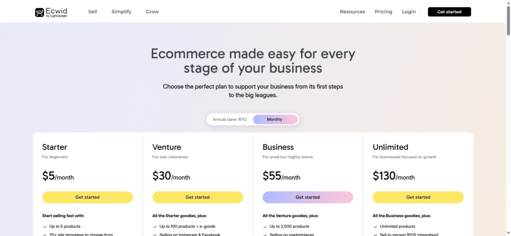 Ecwid Monthly Pricing