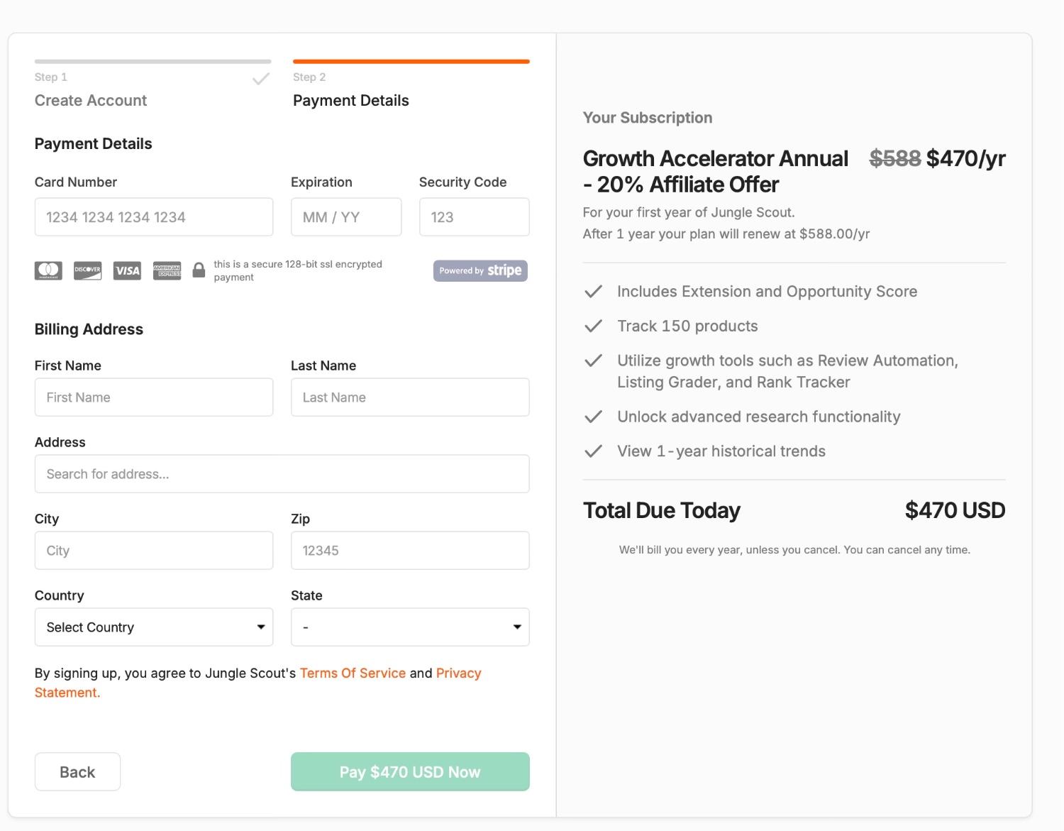Fill Your Payment Details on Jungle Scout Checkout