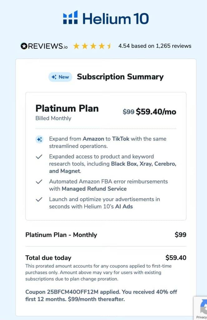 Discount on Helium 10 Platinum