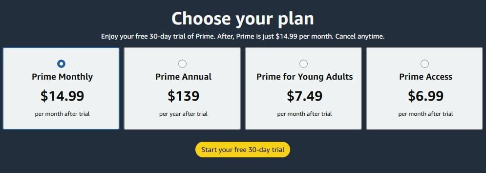 Amazon Prime Video Subscription Plans